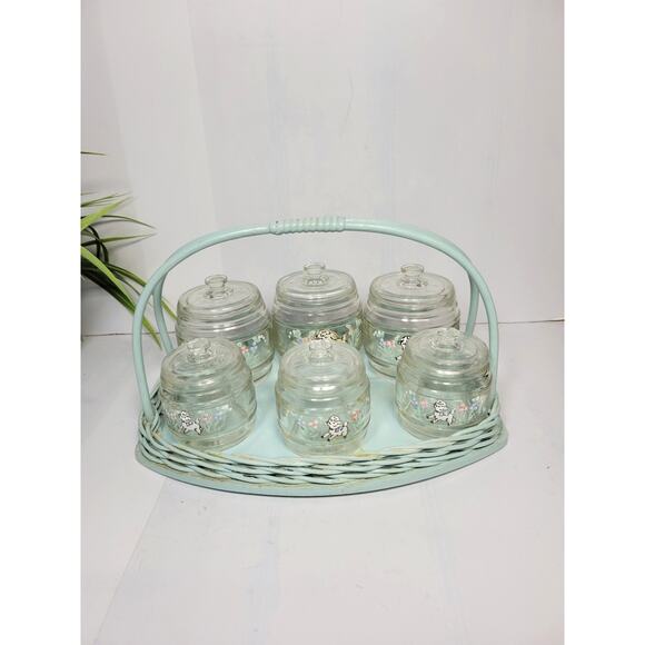 Vintage Set of Richard Krueger Nursery Jars Lambs and Blue Basket Holder - Picture 1 of 8